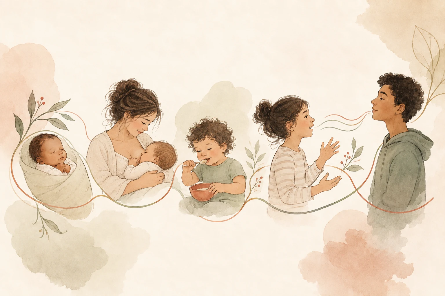 Ilustração do crescimento infantil: bebê, amamentação, alimentação, fala e respiração
